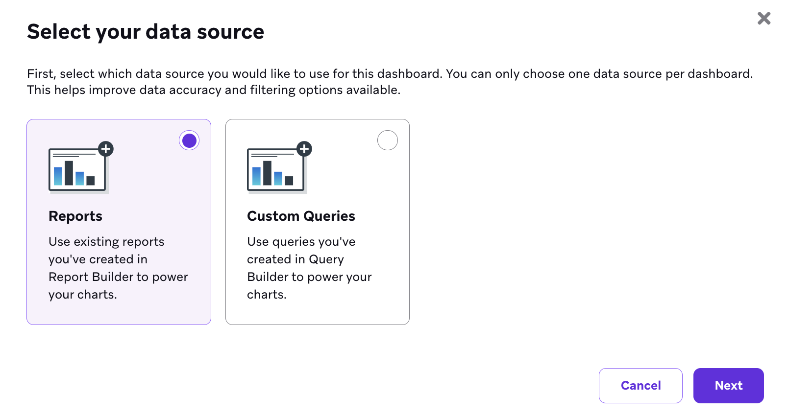 Window to select your data source for your dashboard.