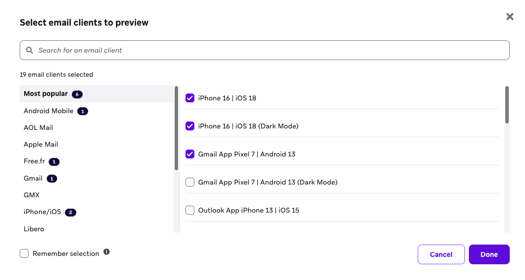 The option to select email clients to preview.