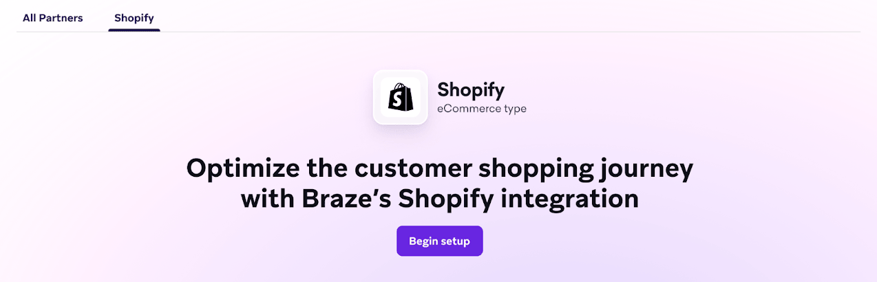 Shopify integration setup page on the Braze dashboard.