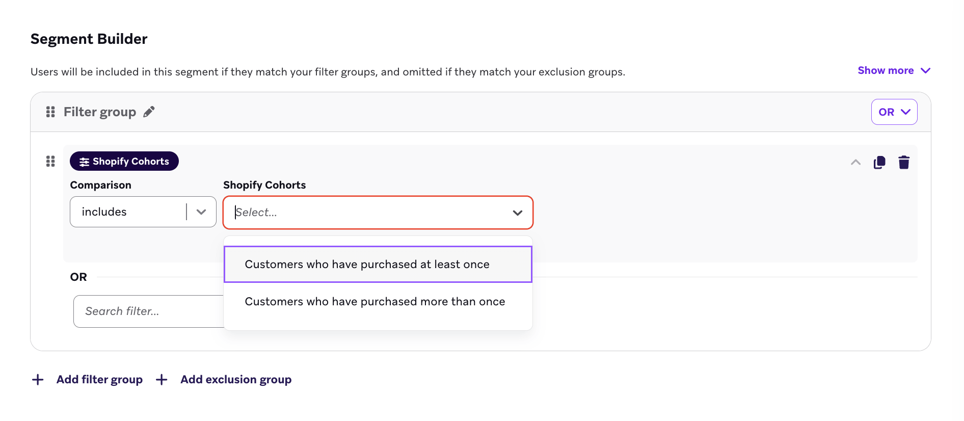 Segment builder with the "Shopify Cohorts" filter.