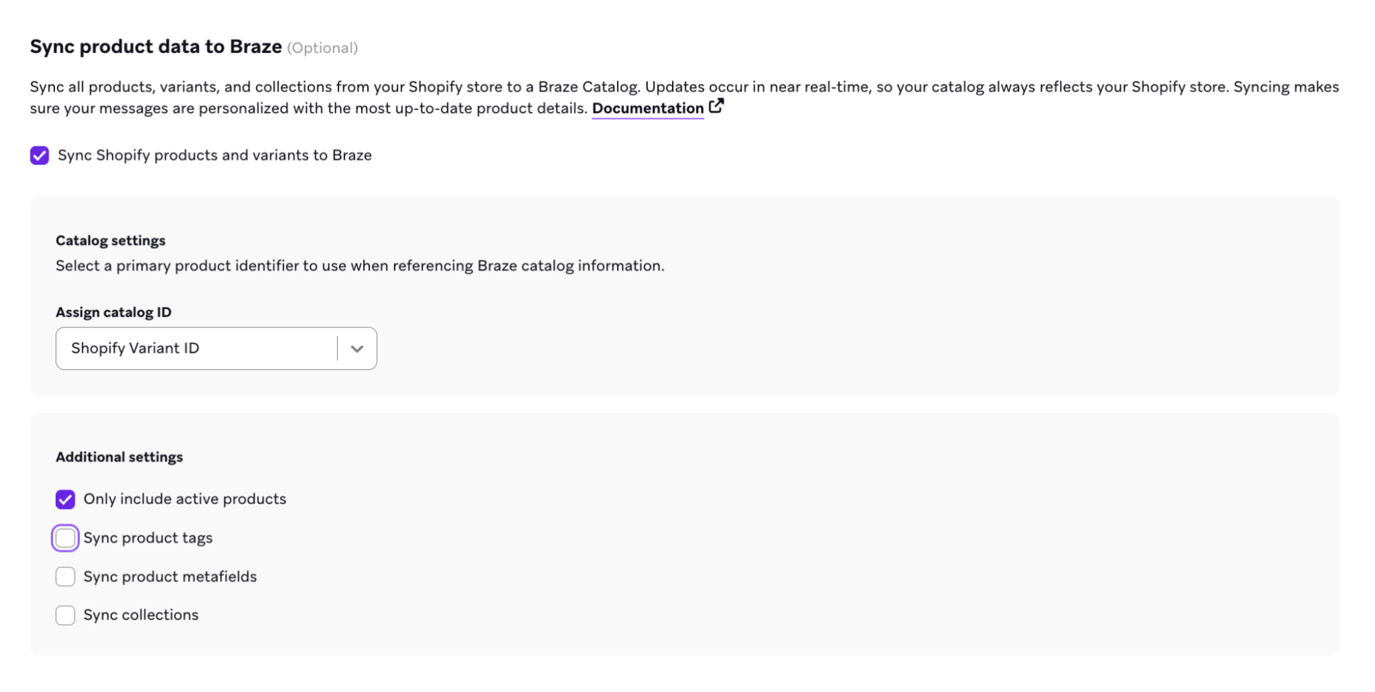 Step 4 of the set up process with "Shopify Variant ID" as the "Catalog product identifier".