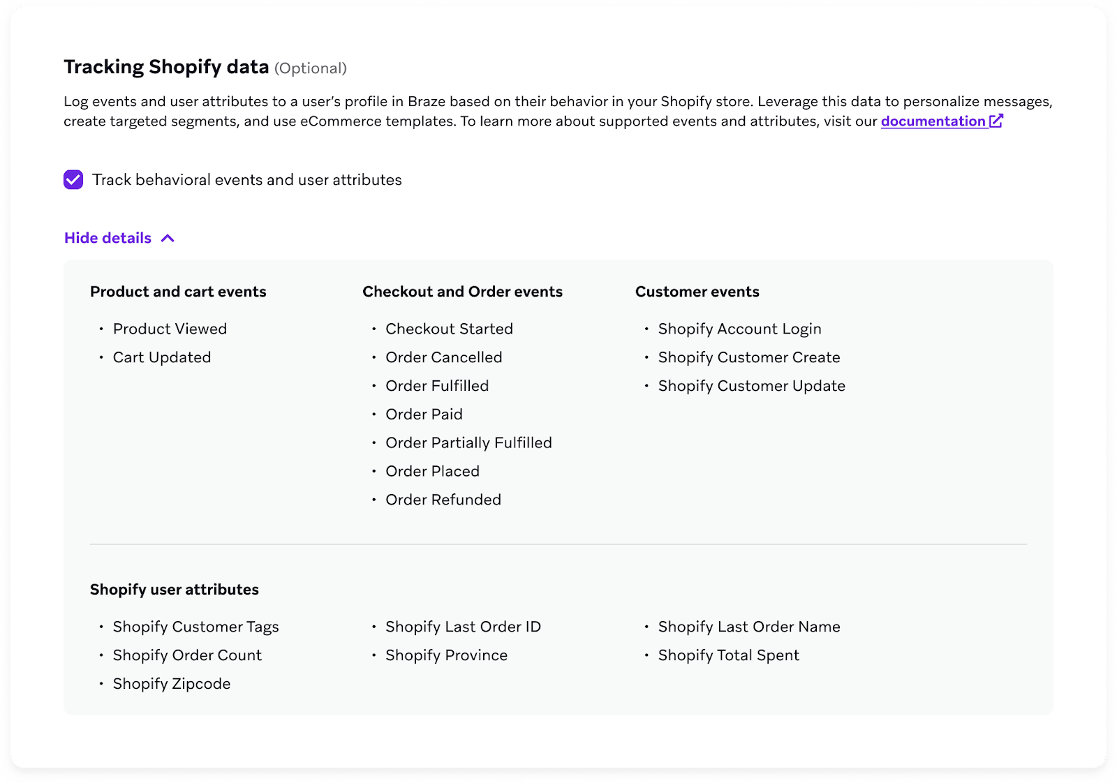 “Tracking Shopify data” section with a checkbox to track behavioral events and user attributes.