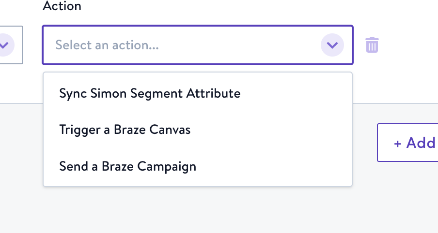 Dropdown showing list of available Braze actions in Simon Data.