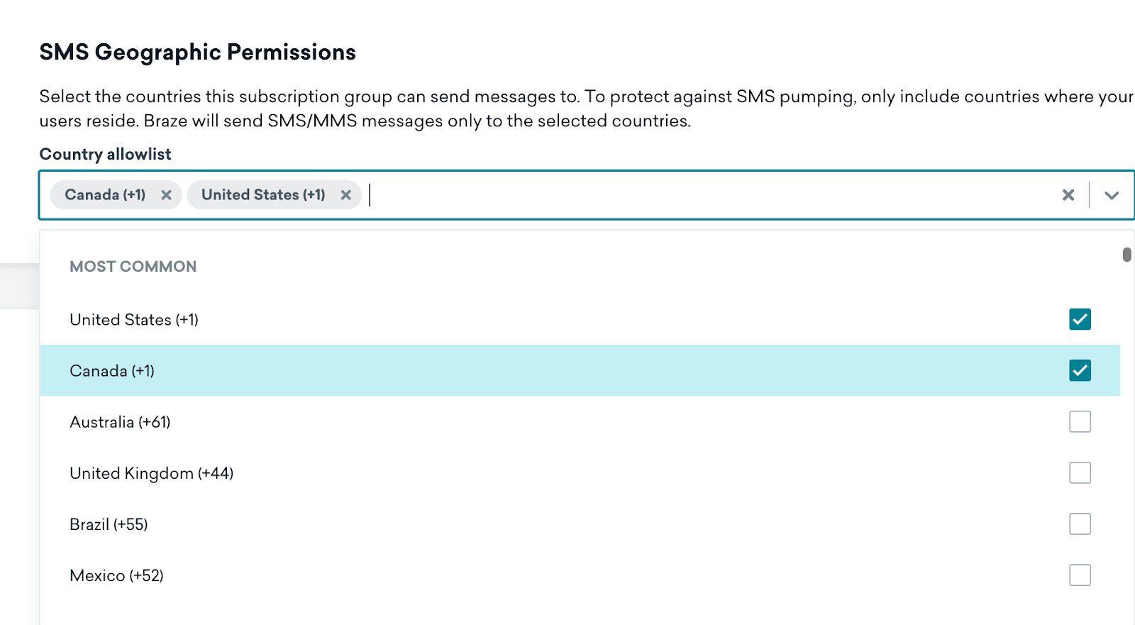 The "Country allowlist" dropdown with the most common countries displaying at the top.