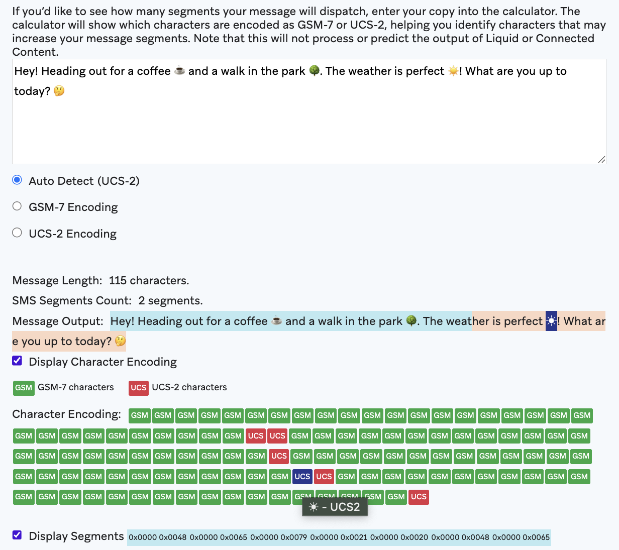 SMS segment calculator with a sample SMS message entered in the textbox and the character encoding turned on.