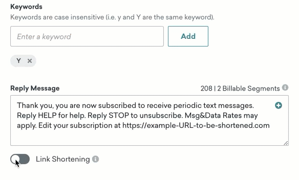 A GIF showing the character counter updating when the "Link Shortening" toggle is on.