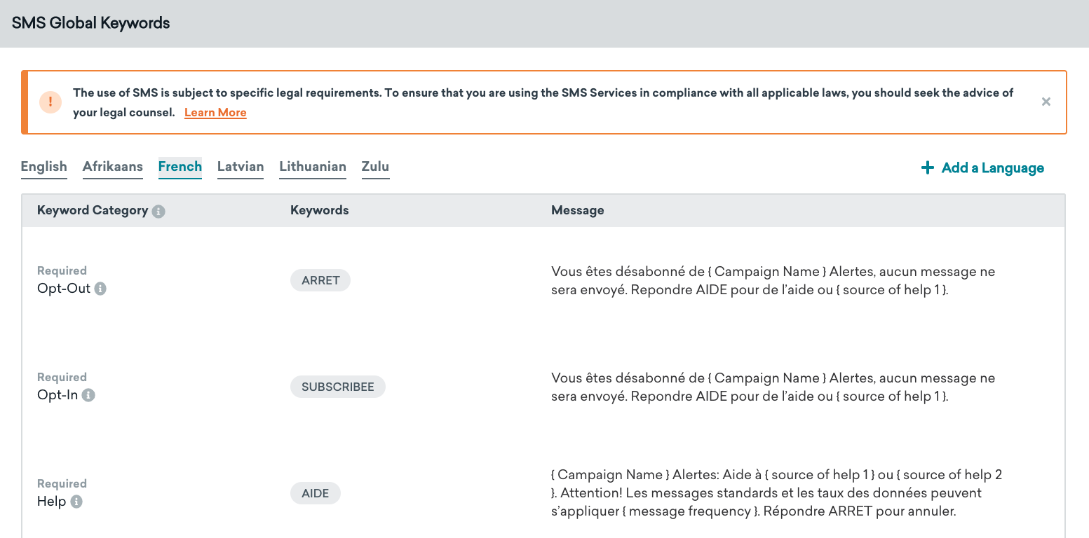 SMS Global Keywords page with the "French" tab selected. Additional tabs exist for each added language.