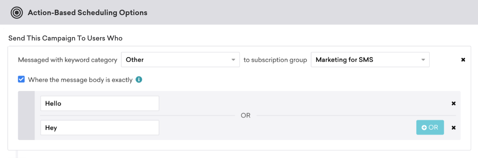 Action-based SMS campaign with keyword category as "Other" where the message body is exactly "Hello" or "Hey".