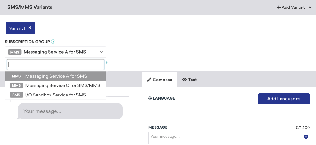SMS composer with the Subscription Group dropdown open and "Messaging Service A for SMS" highlighted by the user.