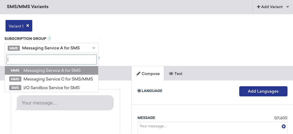 SMS composer with the subscription group dropdown open and "Messaging Service A for SMS" highlighted by the user.