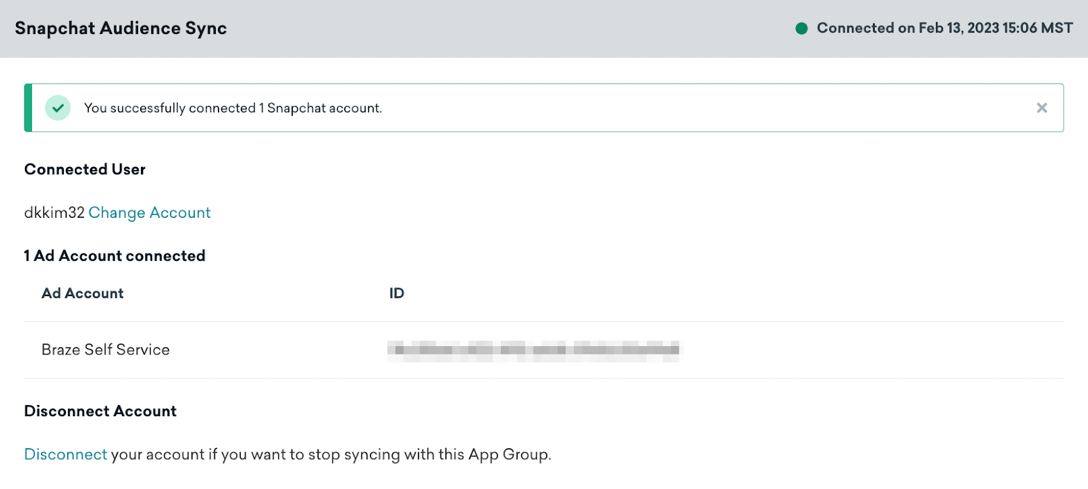 An updated version of the Snapchat technology partners page showing the ad accounts successfully connected.