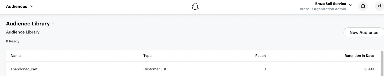 Audience details for a given Snapchat audience that includes audience name, audience type, audience size, and audience retention in days.