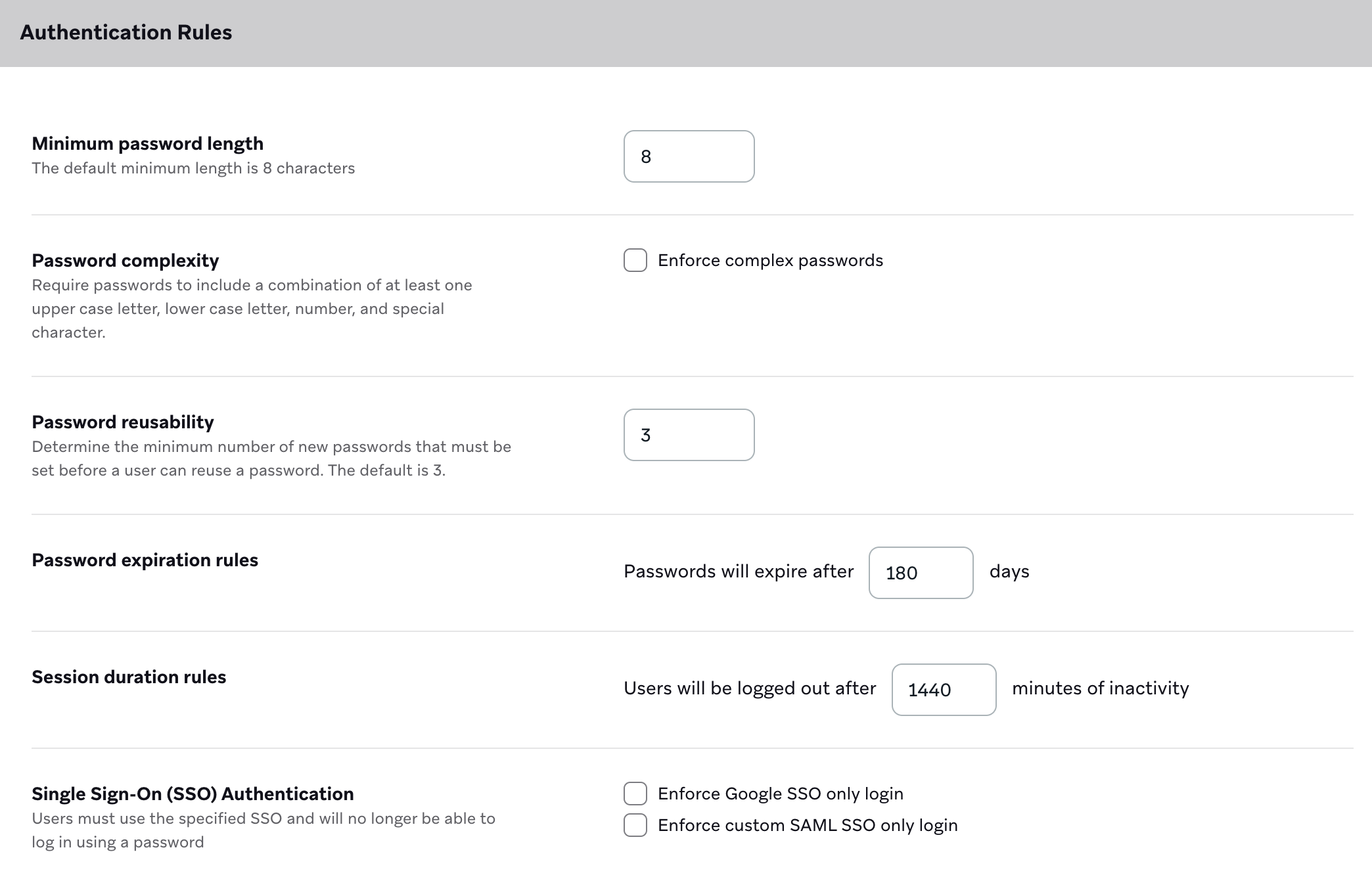 Example setup of "Authentication Rules" section with a minimum password length of 8 characters and password reusability of 3 times. The passwords will expire after 180 days, and users will be logged out after 1,440 minutes of inactivity.