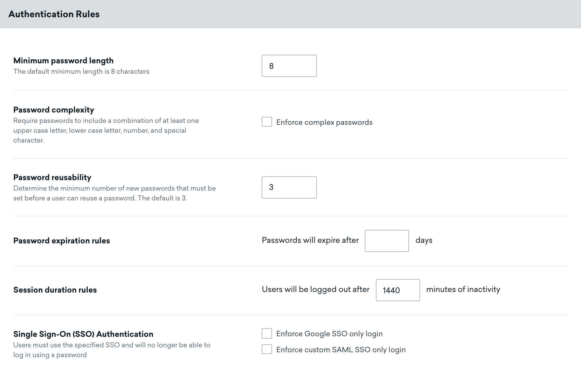 Authentication Rules section of Security Settings page