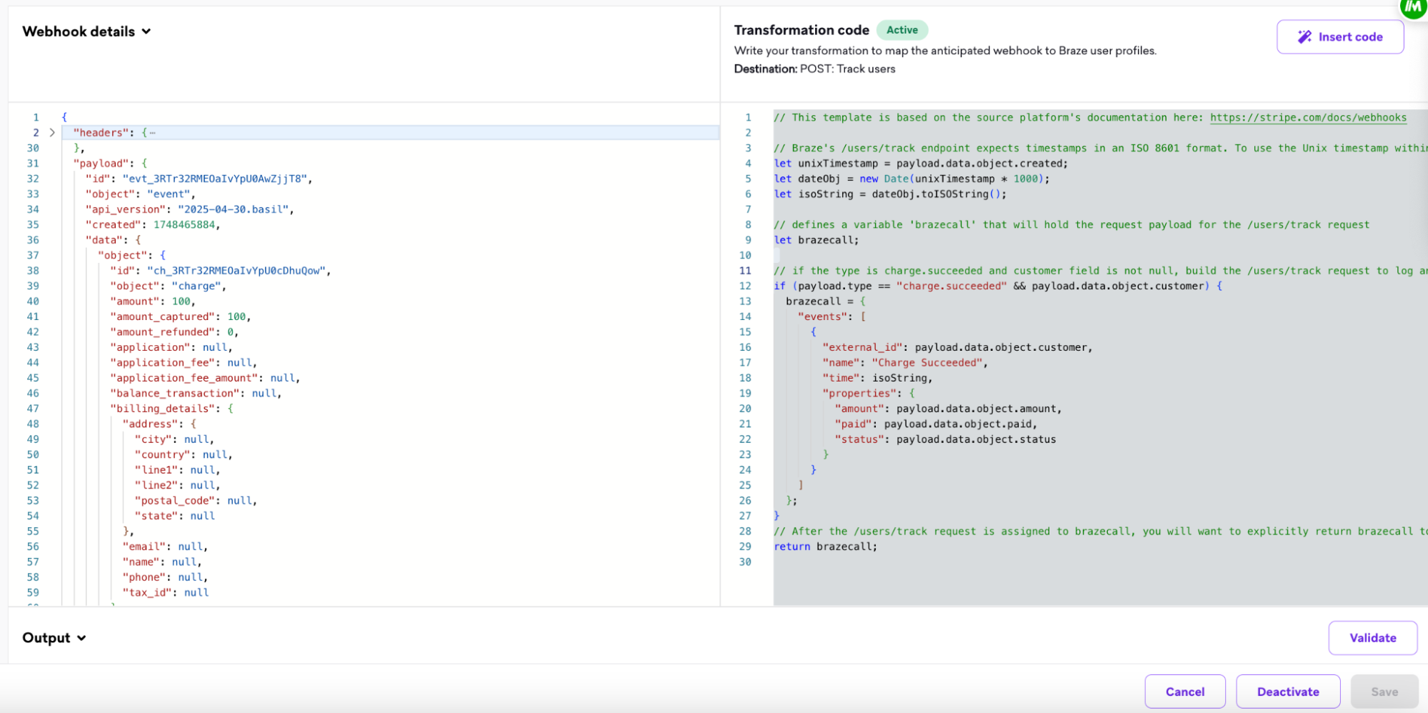 An example of webhook details and transformation code.