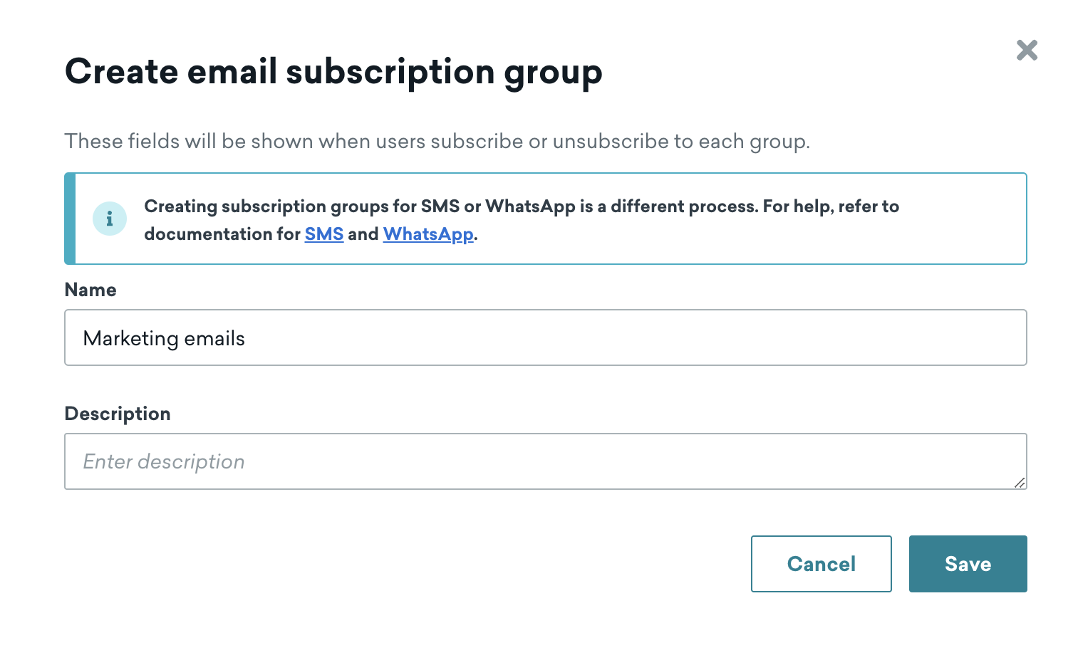 Fields to create a subscription group.