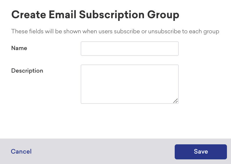 Fields to create a subscription group.