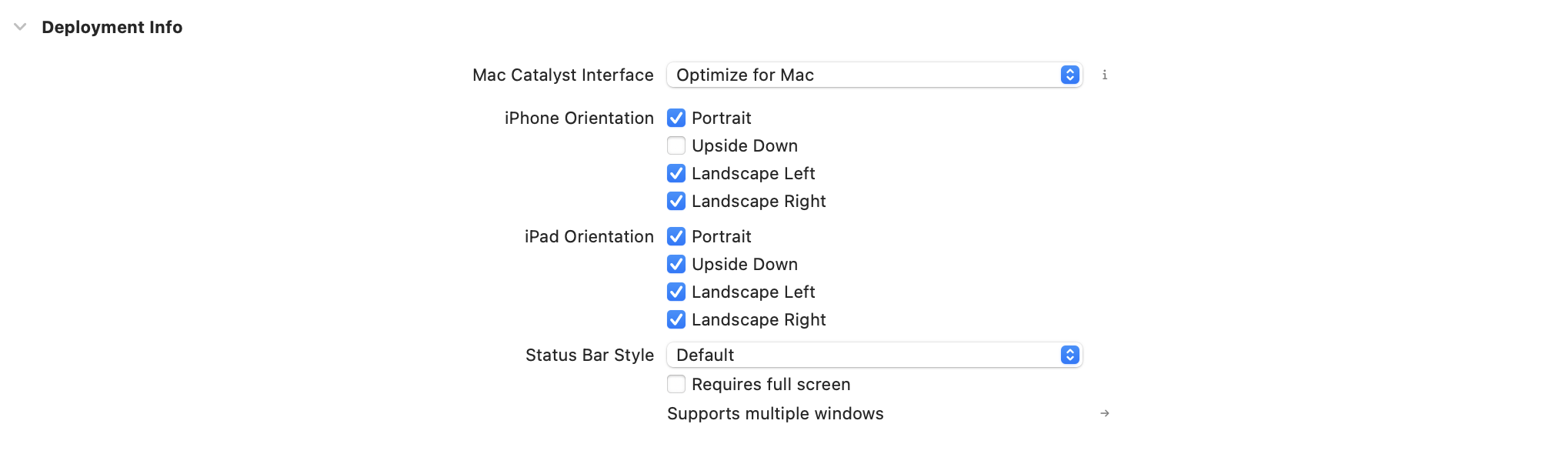 Supported orientations in Xcode.
