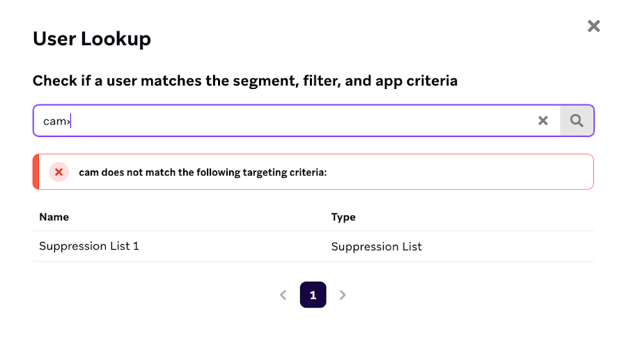 "User Lookup" window showing that a user is in a suppression list.