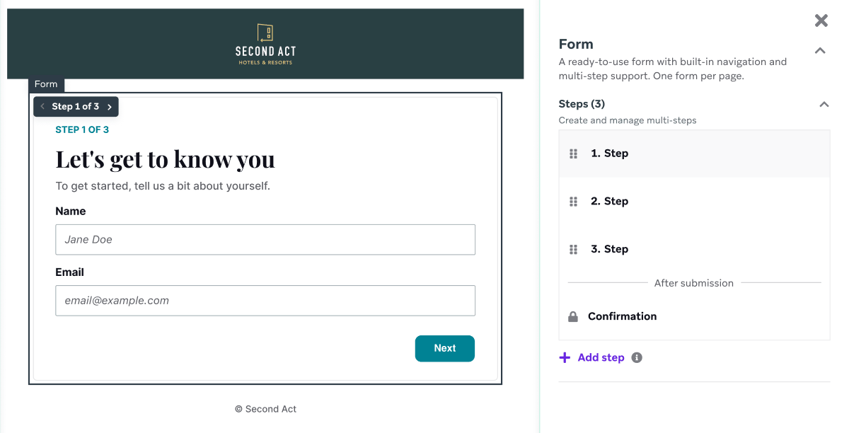Landing page editor with a multi-step Form preview and the Form properties panel listing steps and a locked Confirmation step.