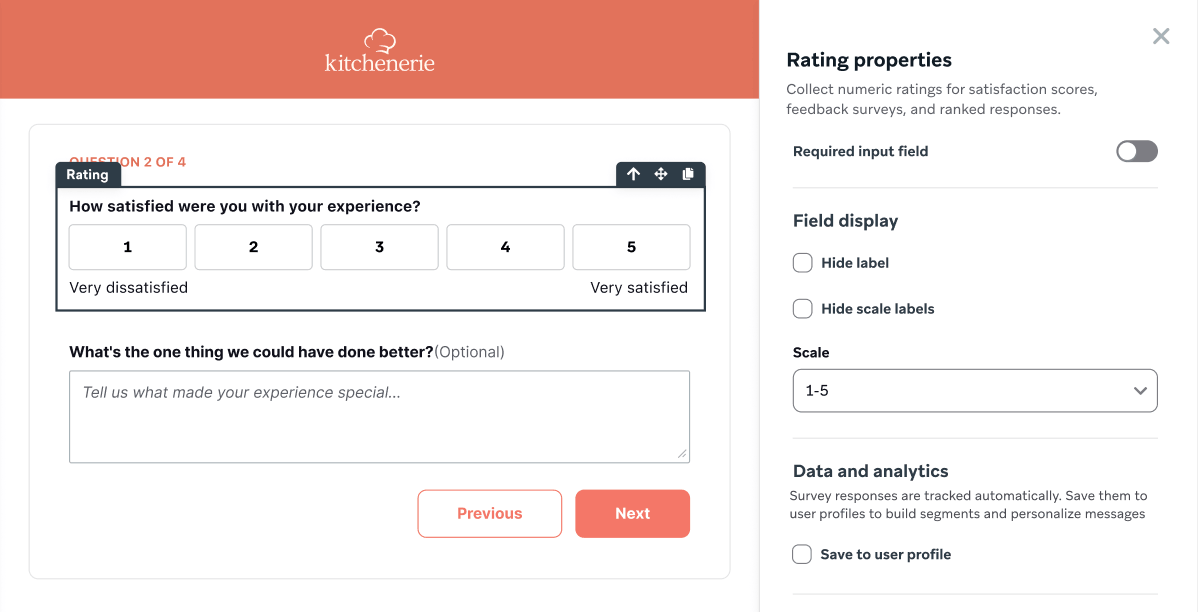 Landing page survey editor with a 1–5 rating question selected and the Rating properties panel open on the right.
