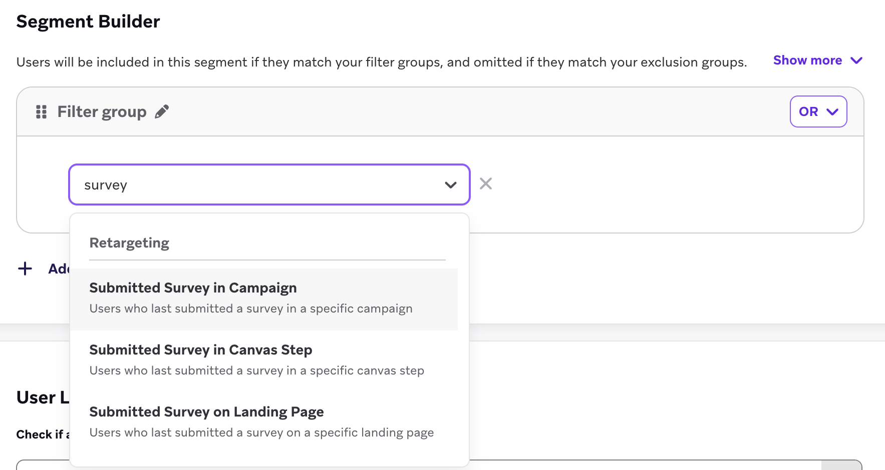 Trigger setup and segmentation filters for survey follow-up.