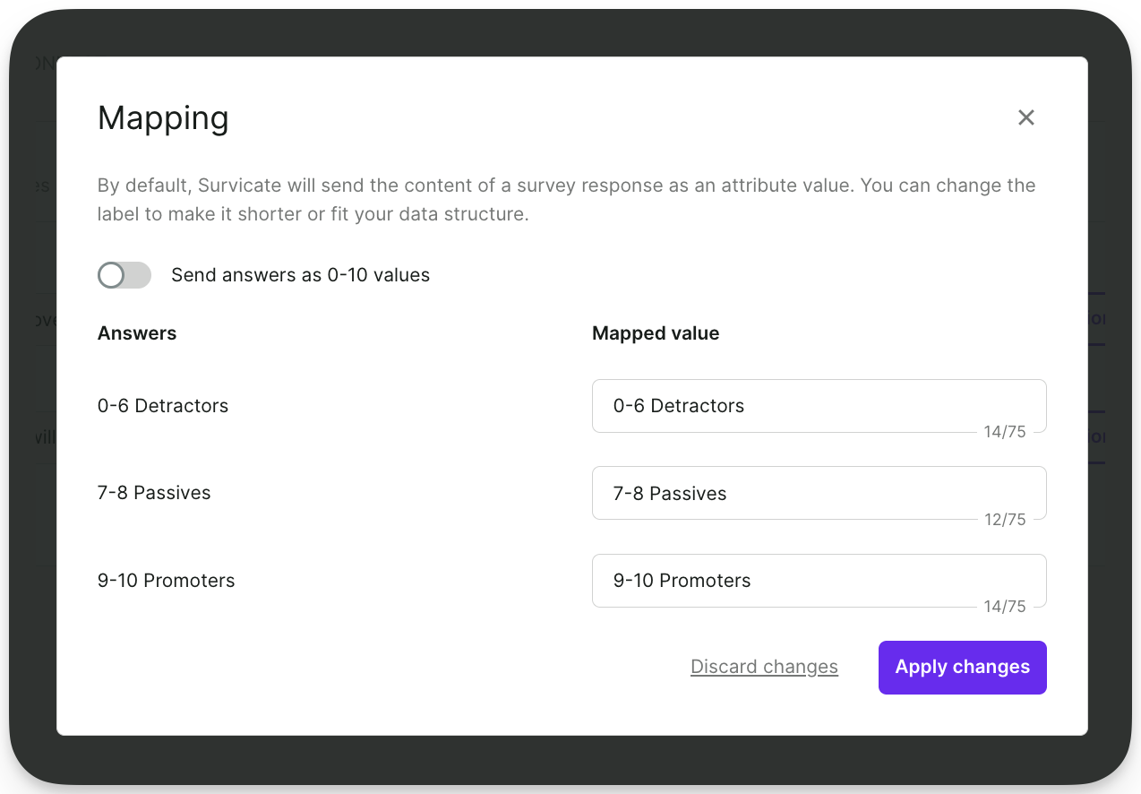 Survicate sends values mapped based on the response group
