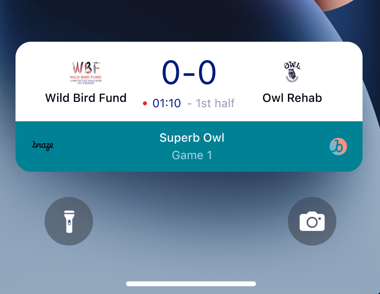 A live activity on an iPhone lockscreen with two team's scores. Both the Wild Bird Fund and the Owl Rehab teams have scores of 0.