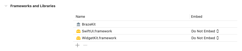 The BrazeKit framework under Frameworks and Libraries in a sample Xcode project.