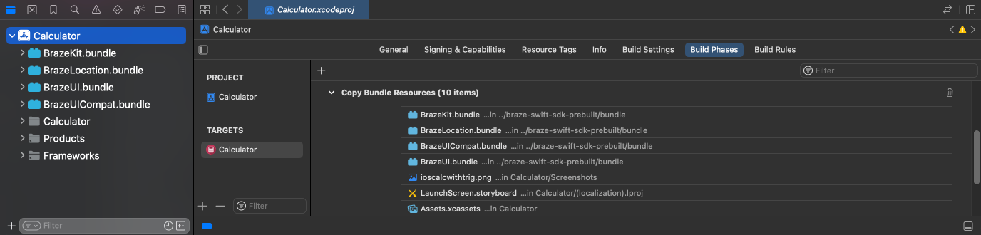 "An example Xcode project with bundles added under 'Copy Bundle Resources.'"