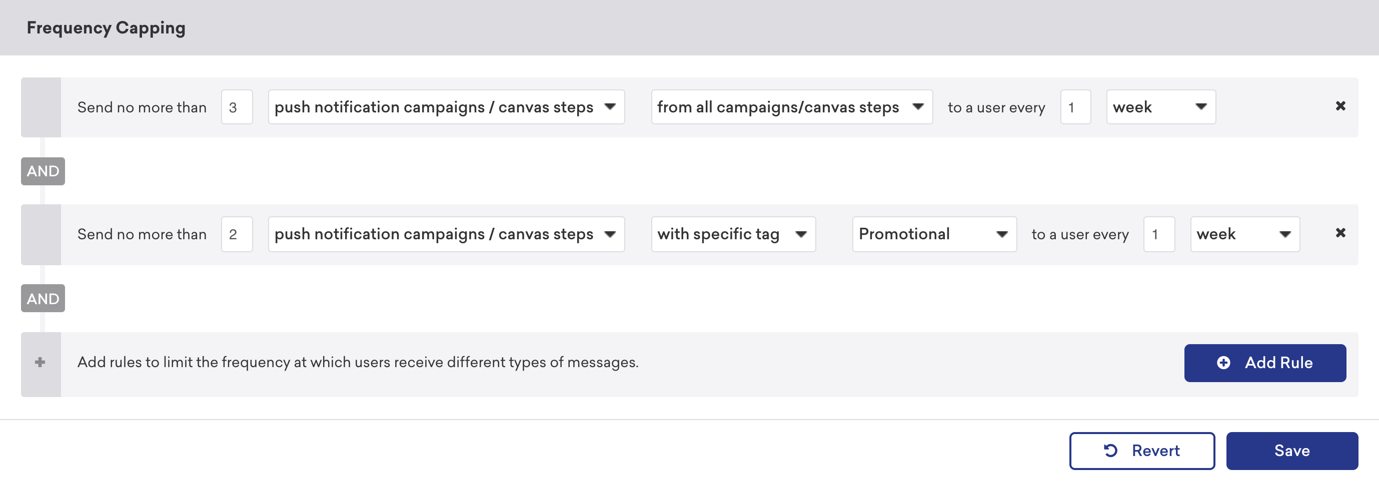 Frequency Capping section with two rules limiting how many push notification campaigns/Canvases can be sent to a user every 1 week.