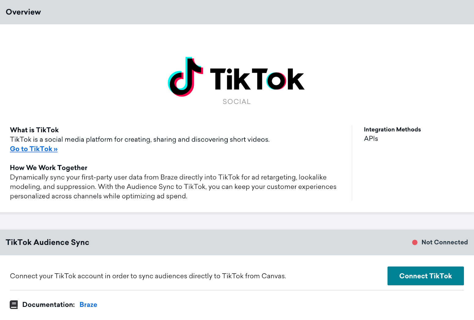 TikTok technology page in Braze includes an Overview module and TikTok Audience Export module with the Connected TikTok button.
