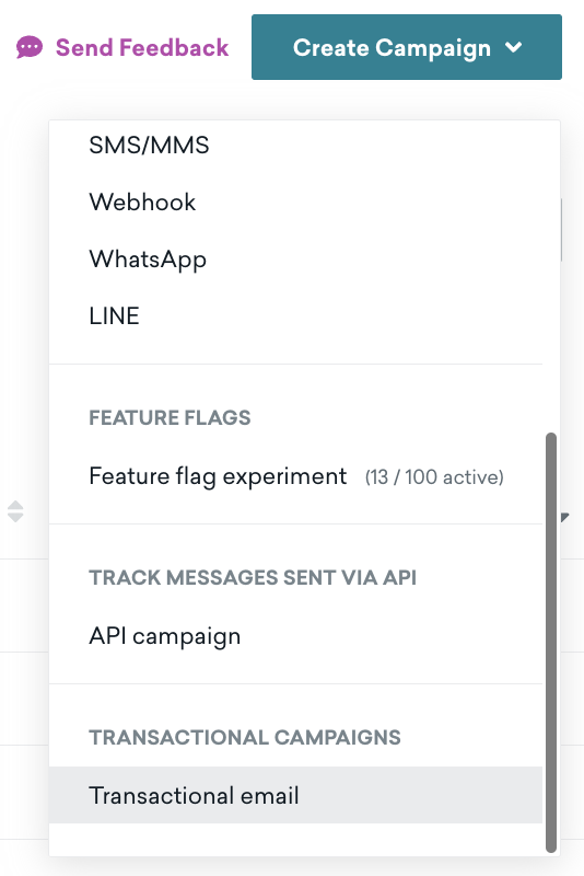 Create Campaign dropdown with the highlighted option for transactional email.