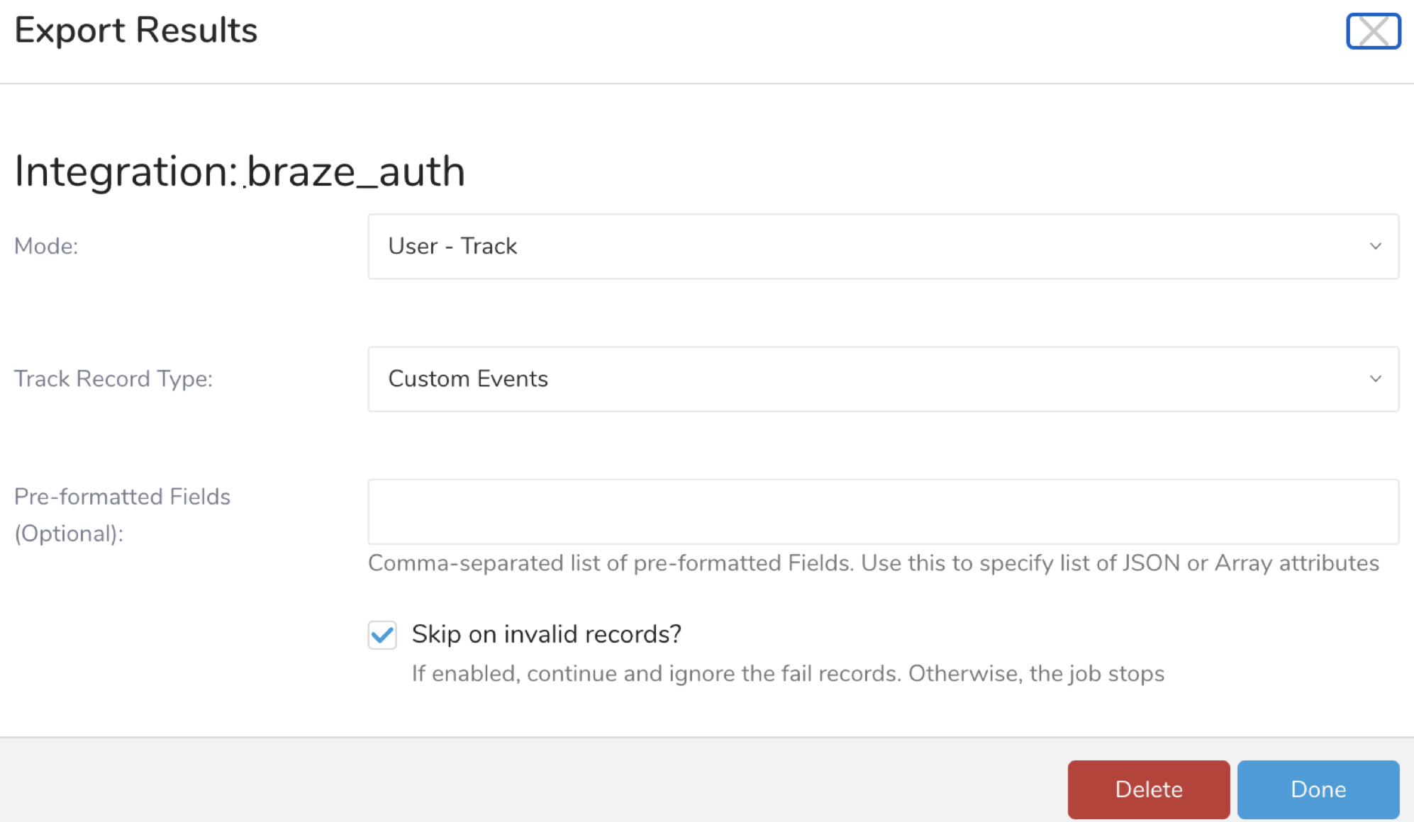 The "Export Results" page. On this page are fields for "mode", "track record type", and "pre-formatted fields". For this example, "User-Track" and "Custom Events" are set to these fields, respectively.