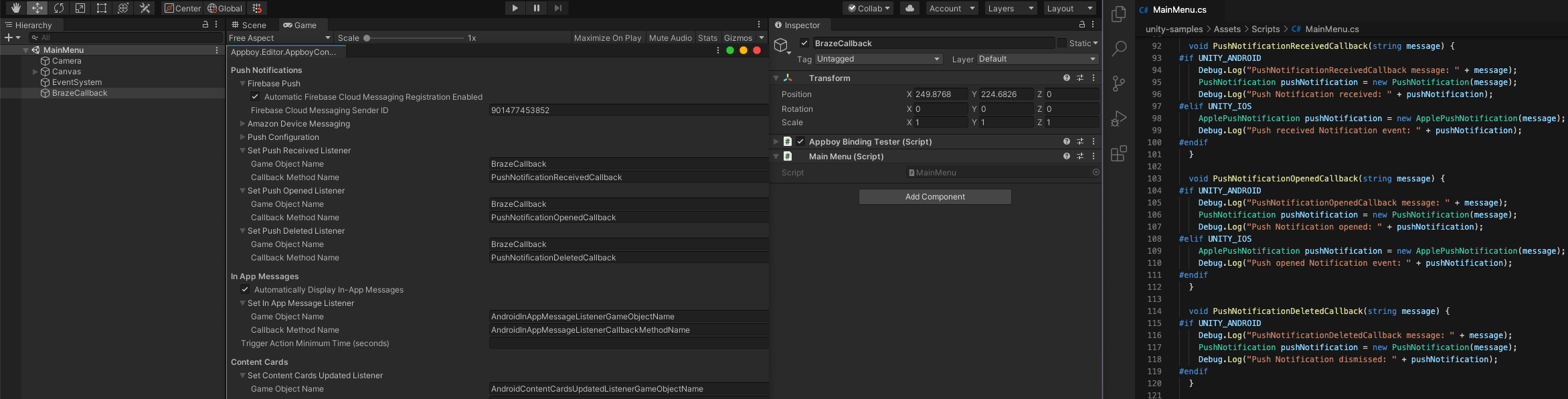 This implementation example graphic shows the Braze configuration options mentioned in the preceding sections and a C# code snippet.
