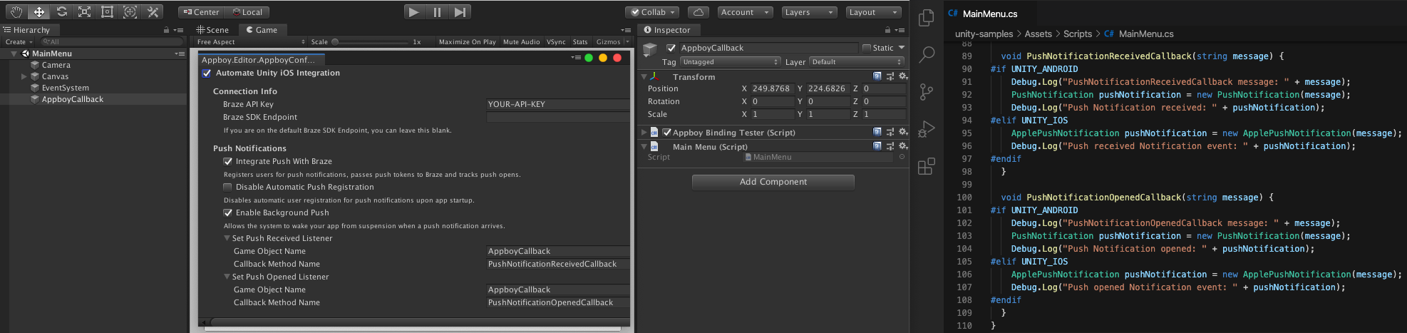 This implementation example graphic shows the Braze configuration options mentioned in the preceding sections and a C# code snippet.