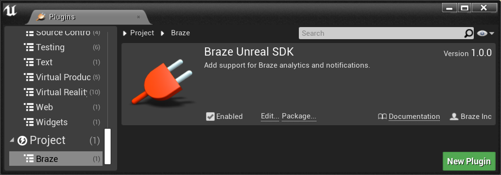 The Braze Unreal SDK plugin viewed in the Unreal Engine UI.