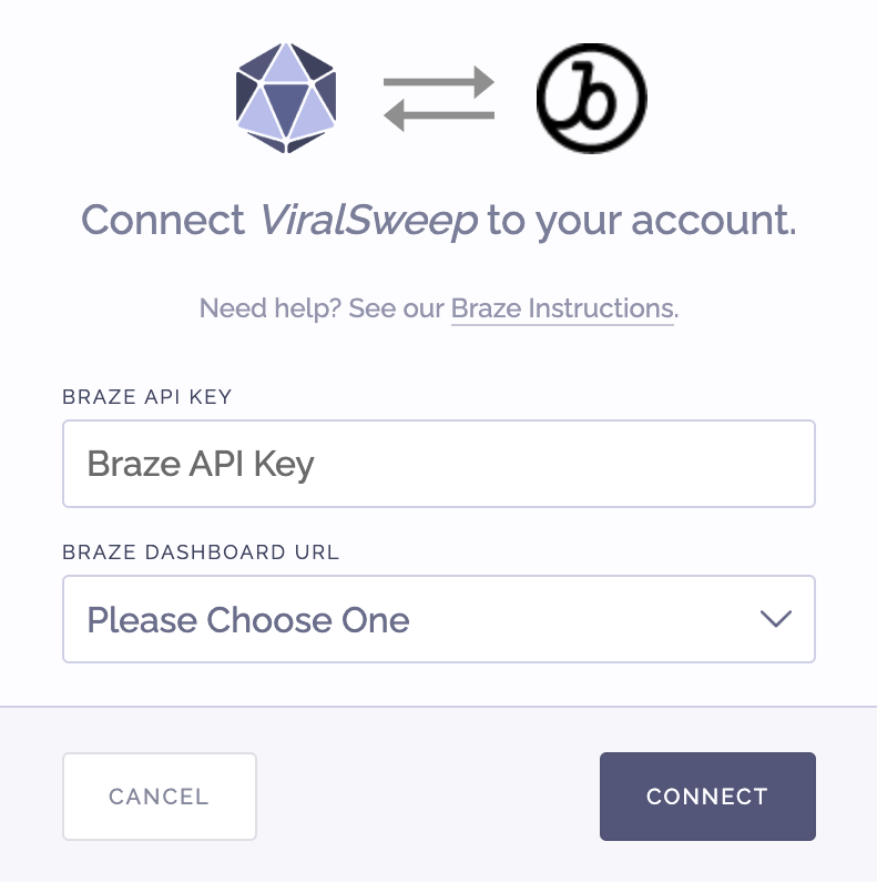 ViralSweep service integration page prompting the user for the Braze API key and Braze dashboard URL.