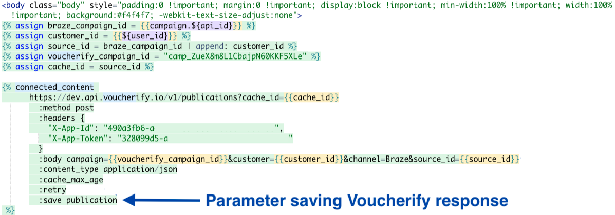 Connected Content script showing to save a Voucherify response at the end of the Connected Content call