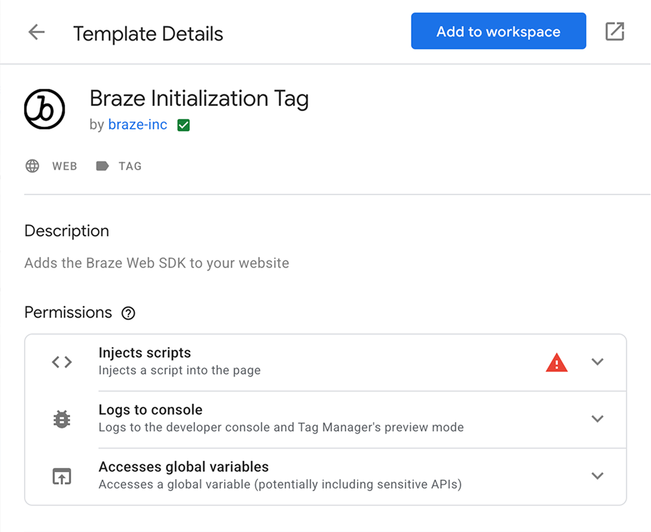 The 'Braze Initialization Tag' page in Google Tag Manager.