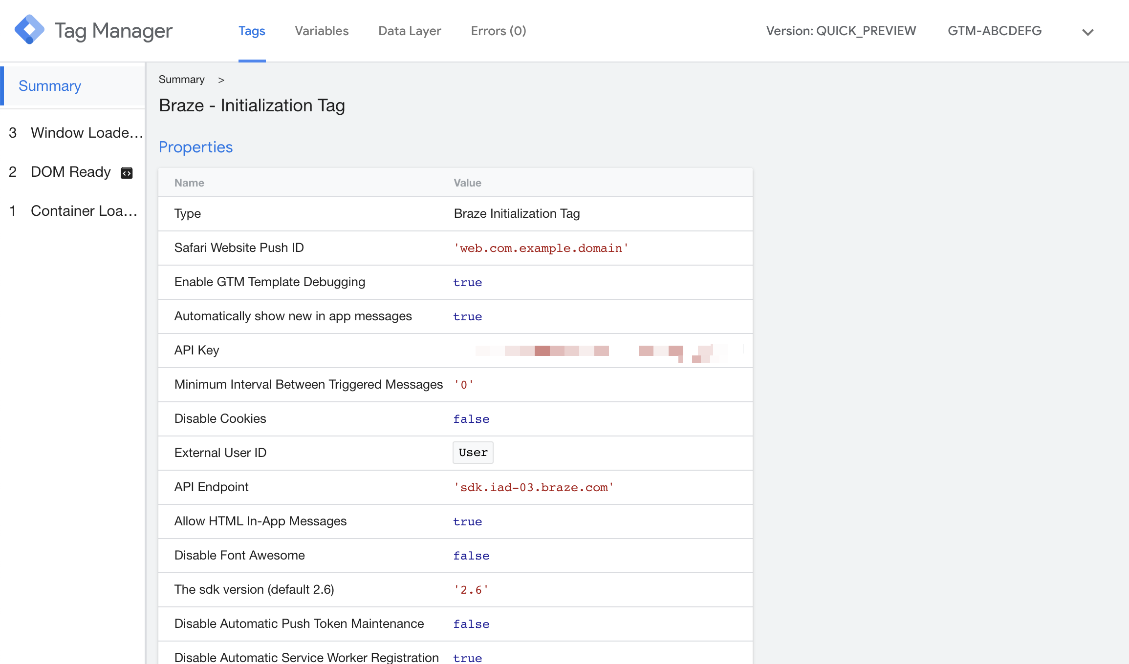 The Braze Initialization Tag summary page provides an overview of the tag, including information on which tags were triggered.