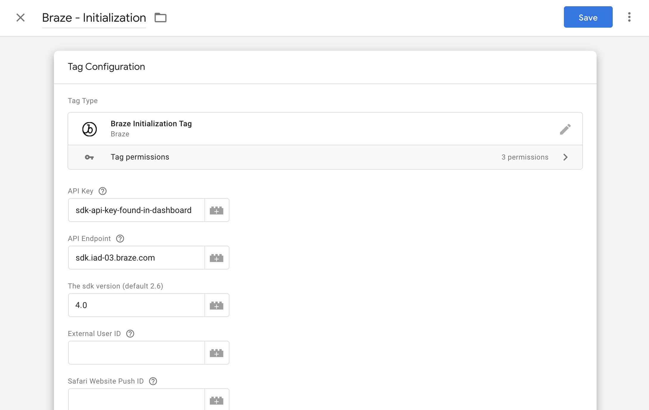 A dialog box showing the Braze Initialization Tag configuration settings. Settings included are "tag type", "API key", "API endpoint", "SDK version", "external user ID", and "Safari web push ID".