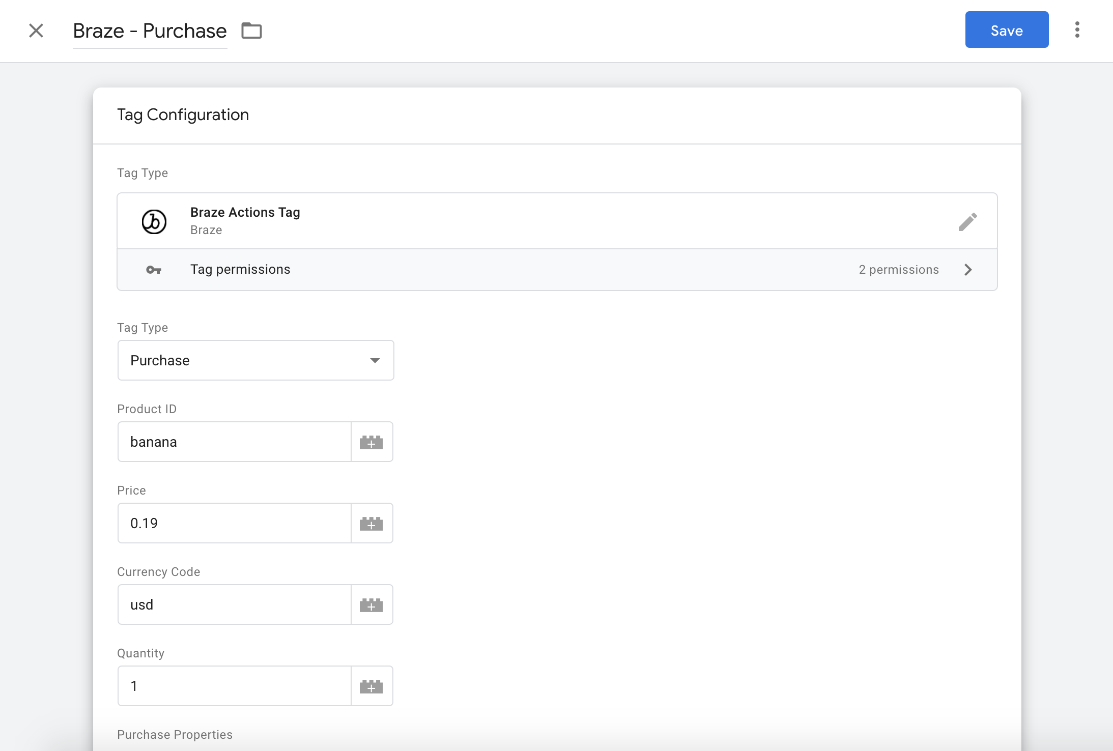 A dialog box showing the Braze Action Tag configuration settings. Settings included are "tag type", "external ID", "price", "currency code", "quantity", and "purchase properties".