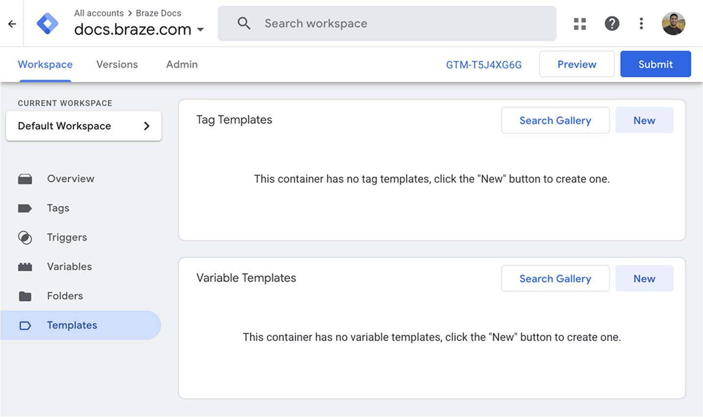 The templates page for an example workspace in Google Tag Manager.