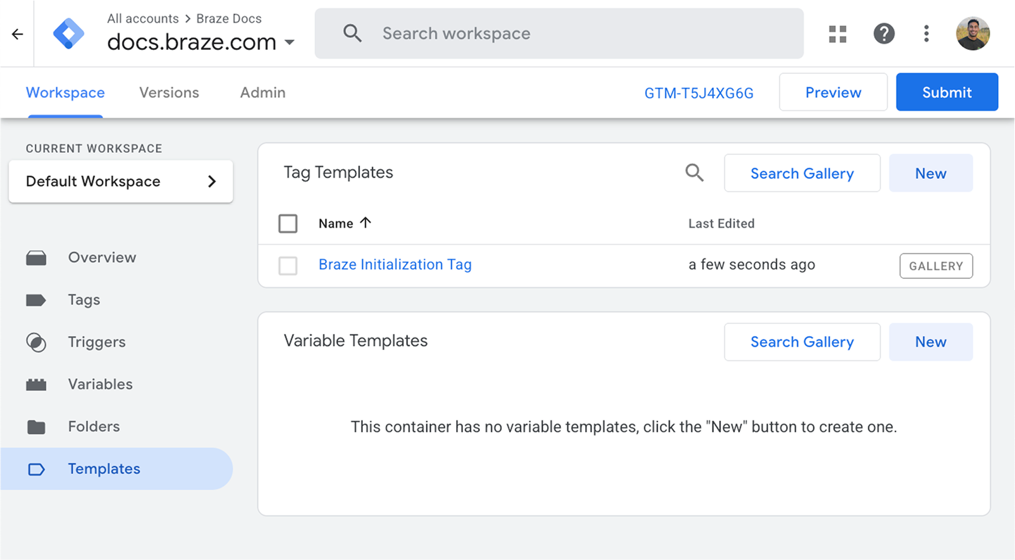 The "Templates" page in Google Tag Manager showing the Braze Initialization Tag template.