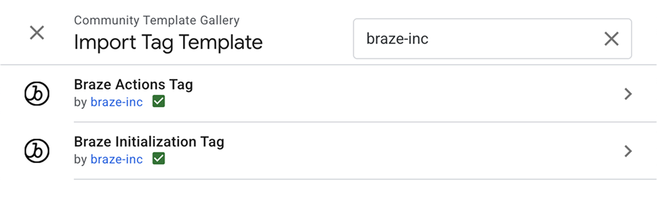 The template gallery showing the various 'braze-inc' templates.