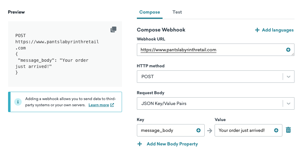 Request body set to JSON key-value pairs.