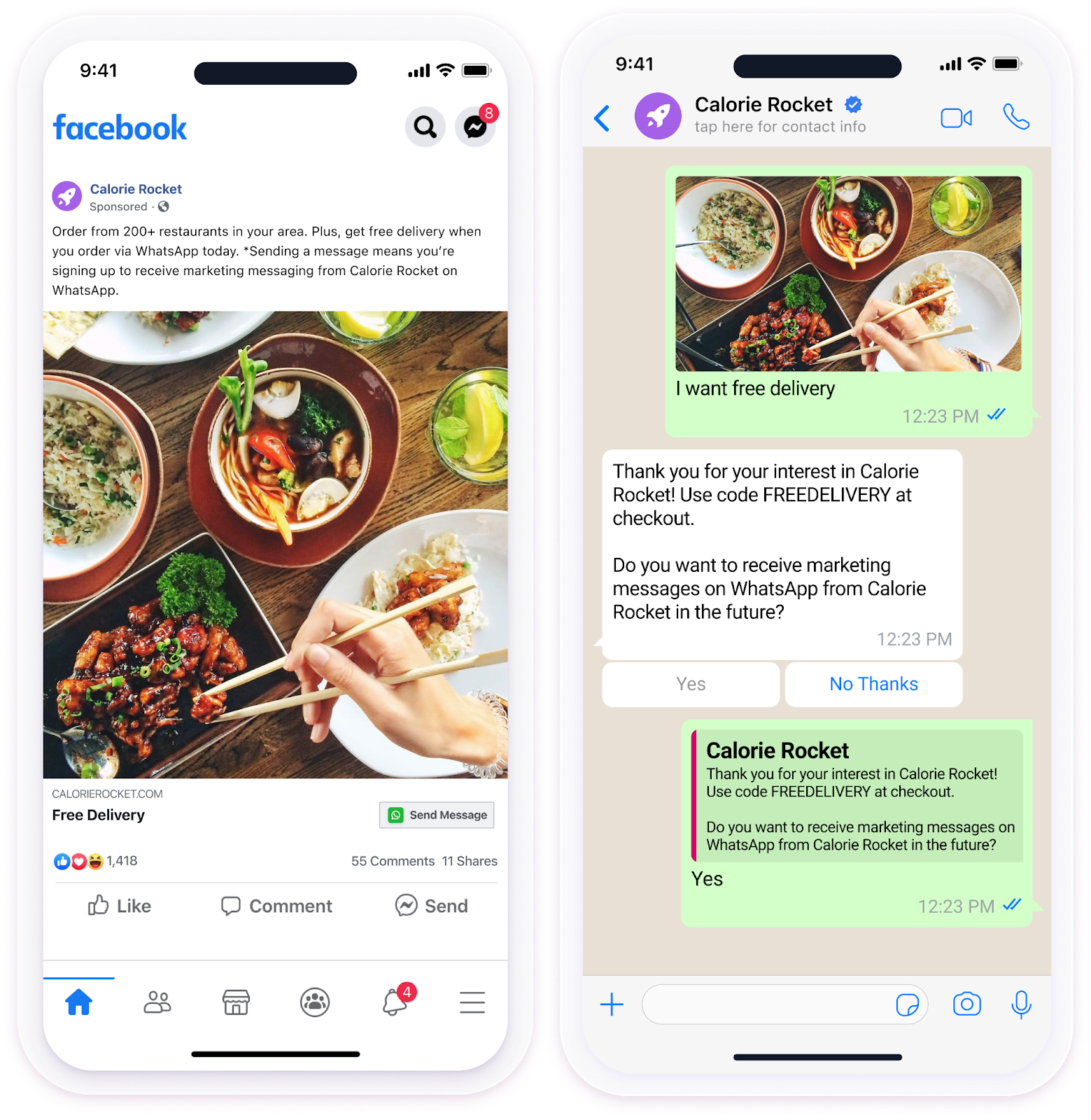 A Facebook ad from Calorie Rocket that advertises free delivery, and the respective WhatsApp conversation that occurs when a user selects the ad's button.