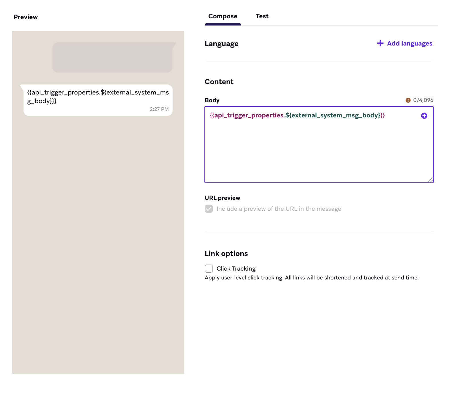 Message composer with message body that contains trigger properties.