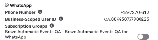 User profile with a WhatsApp section that contains their business-scoped user ID.